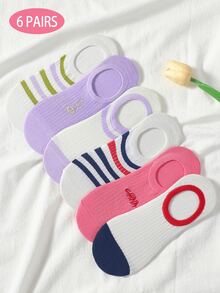 6 paires de chaussettes multicolores pour femmes, chaussettes de cheville à rayures contrastées, motifs brodés raffinés, chaussettes légères pour le printemps/l'été, en tissu tricoté respirant et doux, style polyvalent à la mode Ins, convenant pour le port quotidien, les déplacements, les fêtes, les sports, l'école, les cadeaux de vacances, l'intérieur et l'extérieur, parfaites pour le style et la photographie - Multicolore - Voir 3