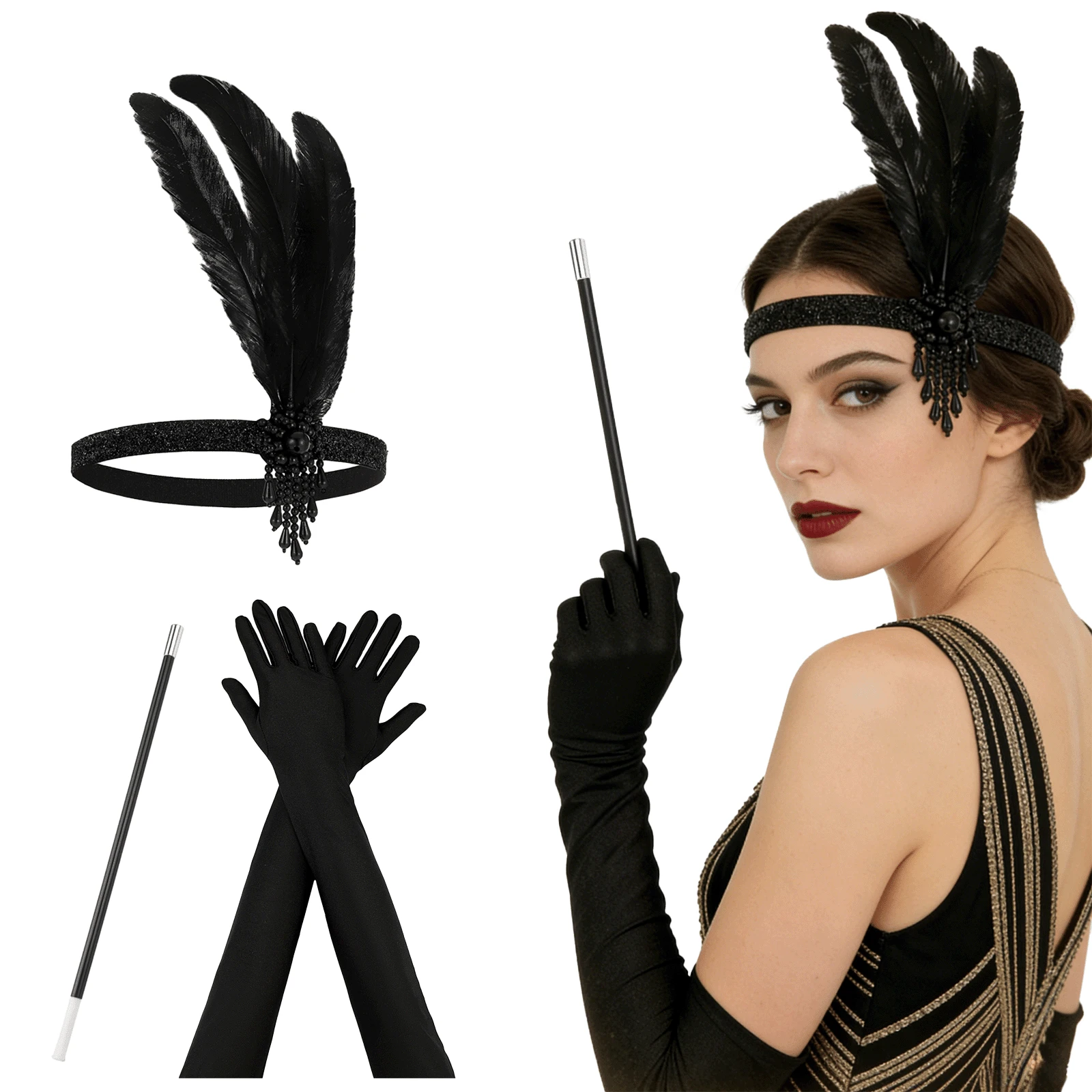 1920s Women's Party Makeup Ball Headpiece Earrings Feather Party Retro Elegant Sexy High-End Headpiece 2-3 Pieces Set, Suitable For Halloween Party - Black - View 1