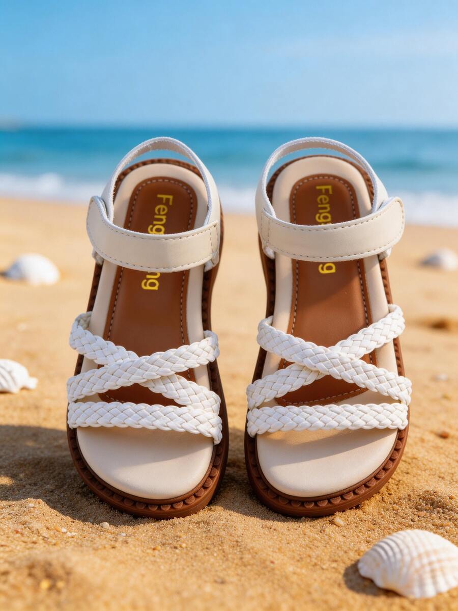 Kids Girls White Braided Crisscross Open Toe Sandals, Hook-And-Loop Ankle Strap Casual Shoes, Non-Slip Wear-Resistant Sole, Comfortable Padded Insole - White - View 1
