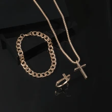 男士黑色十字架首饰三件套，合金项链手链戒指，朋克嘻哈时尚首饰，送给他的礼物 - 黑色 - 查看 2