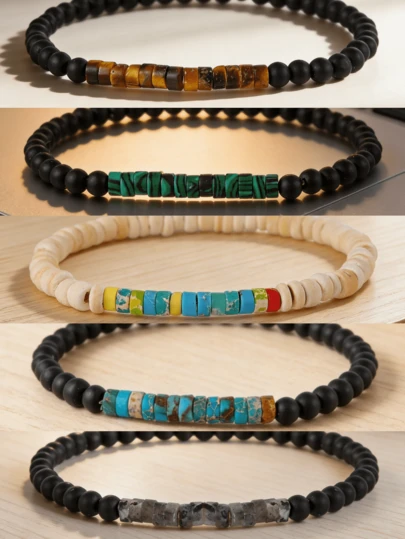 波西米亚复古天然绿松石串珠手链，哑光黑色，适合男士日常佩戴、生日、派对、约会礼物