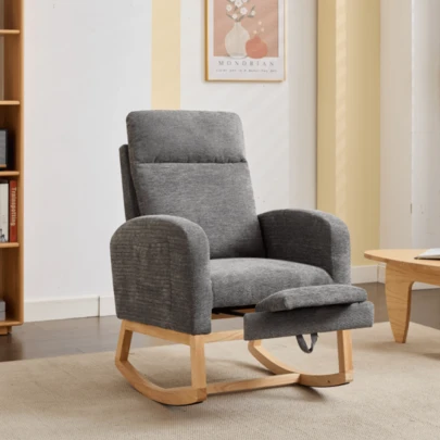 Modern Accent Rocking Chair Rocking Chair With Solid Wood Legs Upholstered Nursery Glider Rocker Comfy Armchair With Side Pocket Living Room Lounge Arm Chair With High Backrest Teddy
