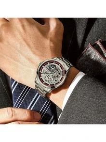 FENSIR 1件装自动机械镂空表盘夜光钢表带男士手表，时尚商务休闲防水，适合日常佩戴 - 銀色 - 查看 6