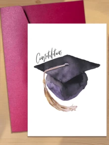 1/5 Set, Watercolor Purple & Black Graduation Cap Congratulation Card, Blank Inside Pages With Envelope For Graduates - A - View 1