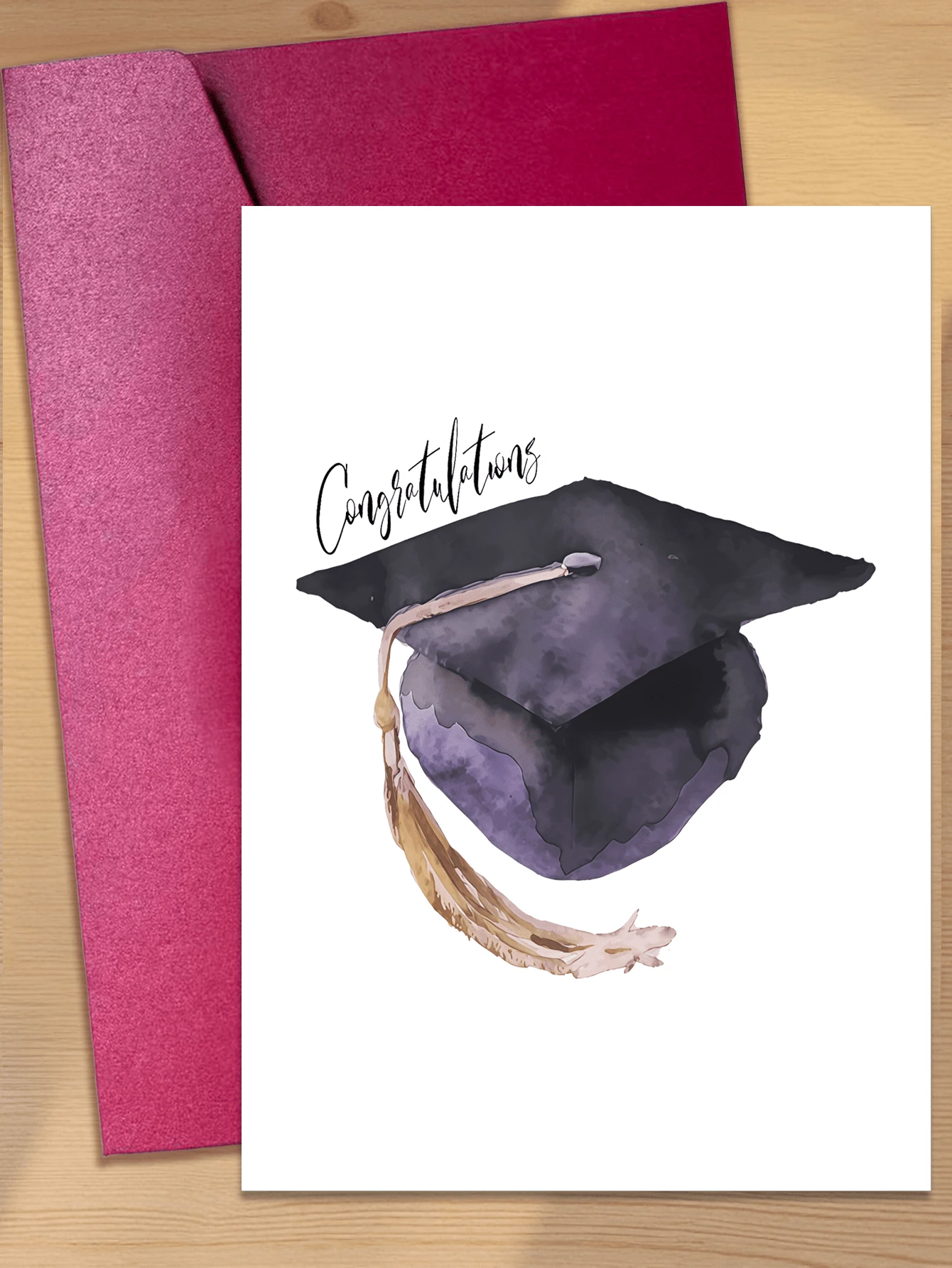 1/5 Set, Watercolor Purple & Black Graduation Cap Congratulation Card, Blank Inside Pages With Envelope For Graduates - A - View 1