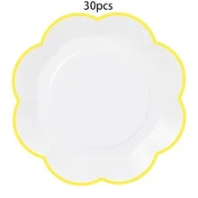 10个/20个/30个装，9英寸和7英寸白色花卉图案纸盘，边缘饰以浅紫色和黄色波浪纹，适用于婚礼、新娘送礼会、生日派对、下午茶、野餐等场合。 - 白底黃邊 - 查看 10