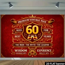 2D复古男士60岁生日背景布，红色经典设计，金色“60 Years Of Vintage Gentleman”字样，饰以盾牌徽章和奖杯图标，象征智慧、勇气和经验，适用于家庭聚会、办公室装饰、户外活动、工作室布置，采用涤纶材质，易于安装，为庆祝活动增添复古氛围。 - 1PC - 查看 5