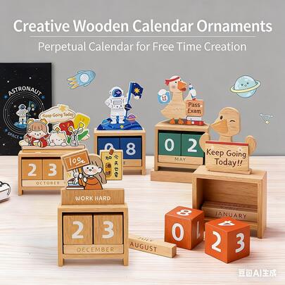 pokemon Creative Wooden Perpetual Calendar Decor, Cute Duck Shaped Wooden Desktop Calendar Ornament