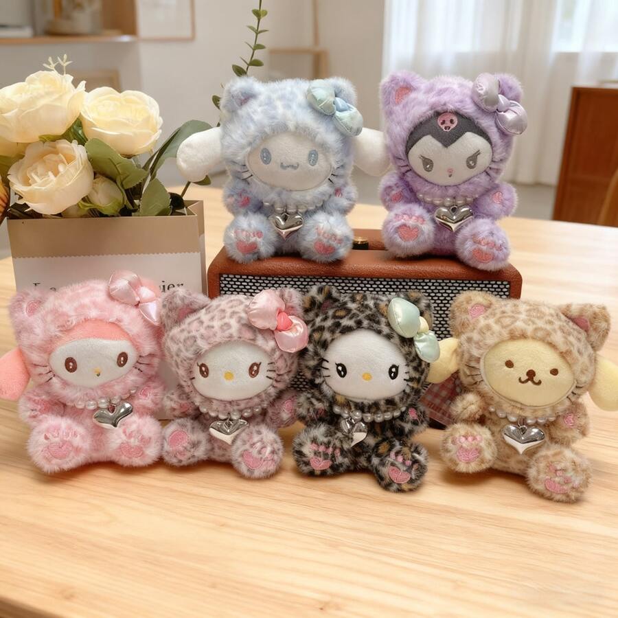 SANRIO 三丽鸥单件豹纹连帽毛绒娃娃项链系列 - Hello Kitty、酷洛米、美乐蒂、布丁狗、肉桂狗包包挂饰及节日礼物