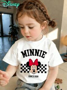 Disney Minnie Mouse Girls Graphic T-Shirt, 2-14Y Casual Short Sleeve Tee, Checkered Bow Print Top For Kids, Spring Summer Daily Wear, Express Delivery - trắng - Xem 1