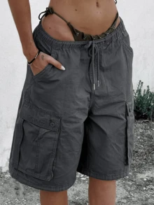 Cargo Shorts For Women Elastic Waist Knee Length  Shorts Summer Outdoor Waterproof Hiking Pants With Pockets - 灰色 - 查看 3