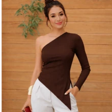Women's One-Sleeve Blouse With Asymmetrical Ribbed Sleeves - Rust Brown - View 1