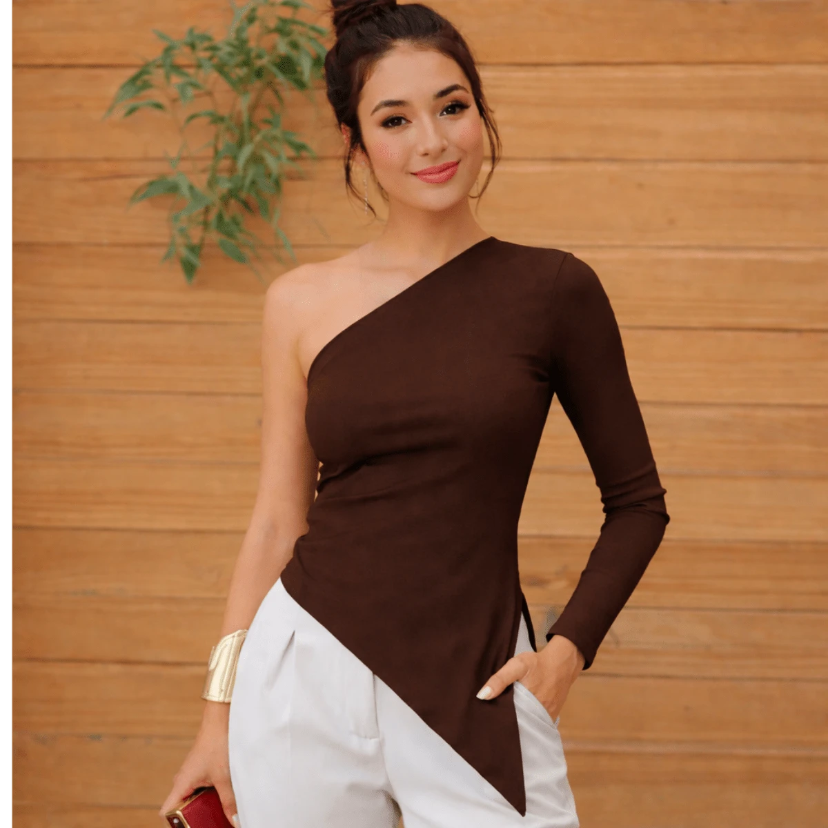 Women's One-Sleeve Blouse With Asymmetrical Ribbed Sleeves - Rust Brown - View 1