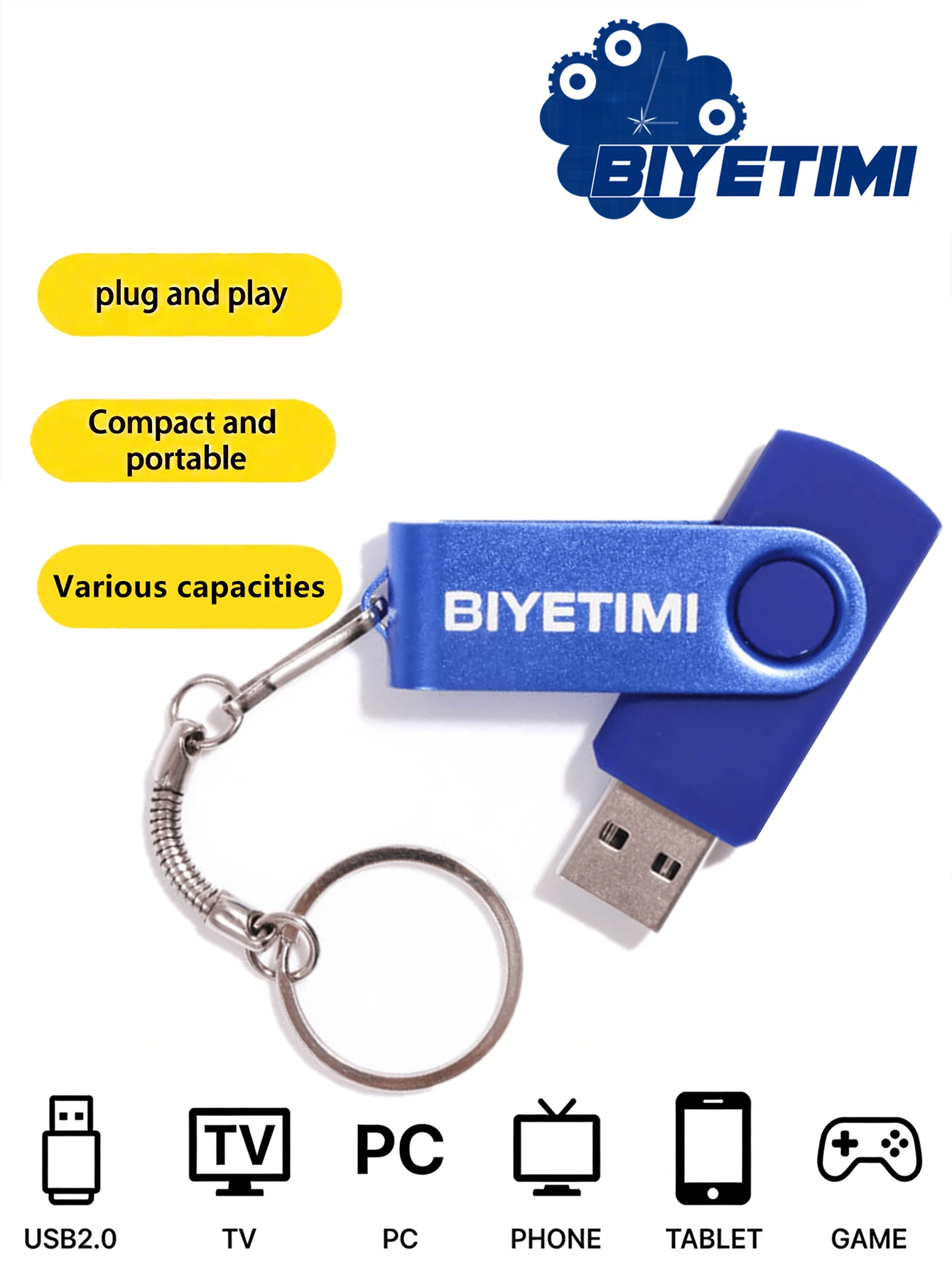 BIYETIMI 64GB/128GB 高速 USB 闪存盘 8GB/32GB 2.0 USB 存储卡 USB 礼品,适用于电脑、汽车、电视 - 藍色 - 查看 1