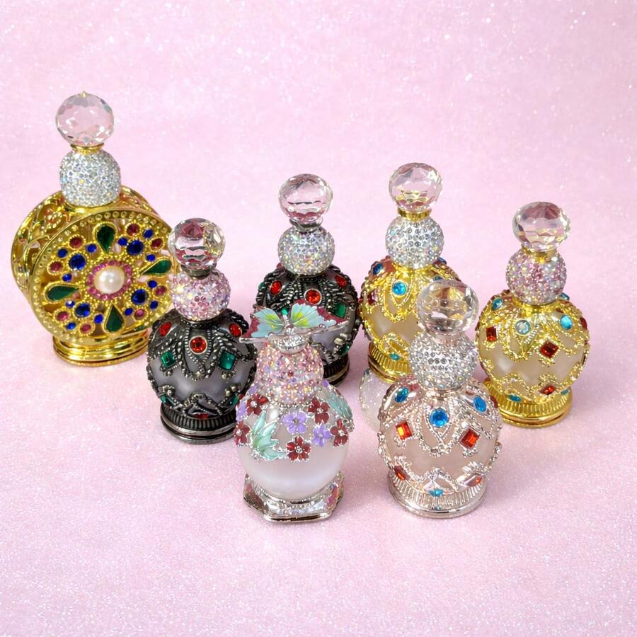 1个15毫升复古水钻镶嵌圆形玻璃香水瓶，可重复灌装精油滴管瓶，中东迪拜风格香薰容器，可重复使用的水晶玻璃瓶，适用于旅行、家居和沙龙装饰，可作梳妆台装饰摆件，手工制作宝石设计的香水瓶，母亲节、情人节、斋月、生日和毕业典礼的理想礼物（仅空瓶） - 1PC - 查看 1