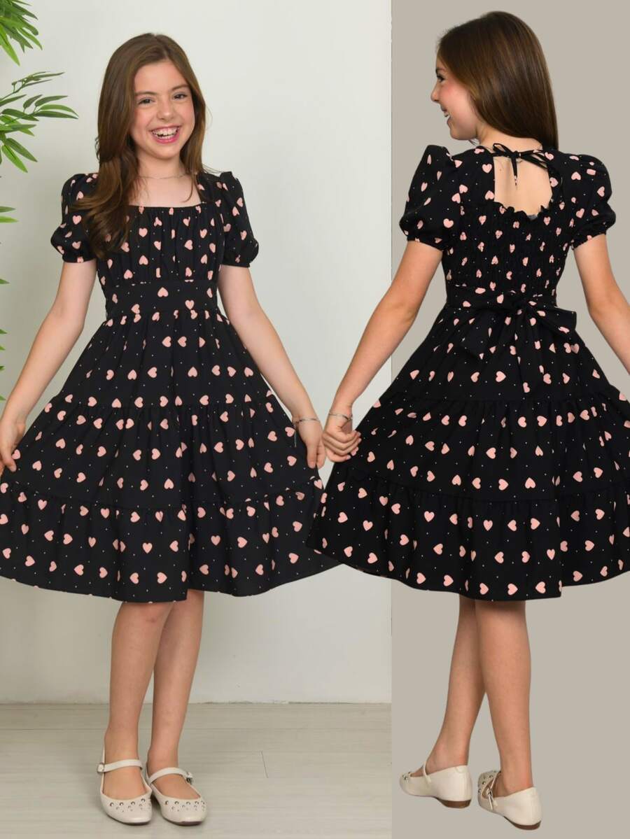 Girls' Junior Dress, Flared, Heart Print, Evangelical Style, Puff Sleeves, Defined Waist, Bow Back, Ruffle, Godet Skirt, Comfortable, Loose-Fitting, Lightweight, Delicate And Elegant Look, Suitable For Girls 10, 12, 14, And 16 Years Old, Teen Fashion, Party, Outing, Casual, Charming Look, Perfect Fit, Soft, Breathable Fabric, Secure Fit, Modern Design, Stylish Flared Dress, Elastic Back Detail, Adjustable Fit, Body-Shaped Tie, Exclusive Charm, Versatile Piece For Everyday And Special Occasions, Comfortable, Durable, High Quality, Impeccable Finish, Delicate Heart Print, Loose Fit, Natural Movement, Elegant Junior Clothing, Premium Girls' Flared Dress, Sophisticated Look, Comfortable, Lightweight, Fresh, Modern Princess Style, Highlight, Junior Wardrobe, Complete Look, Elegance, Comfort, Beauty, Practicality - 黑色 - 查看 1