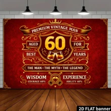 2D复古男士60岁生日背景布，红色经典设计，金色“60 Years Of Vintage Gentleman”字样，饰以盾牌徽章和奖杯图标，象征智慧、勇气和经验，适用于家庭聚会、办公室装饰、户外活动、工作室布置，采用涤纶材质，易于安装，为庆祝活动增添复古氛围。 - 1PC - 查看 4