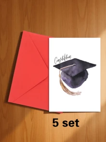 1/5 Set, Watercolor Purple & Black Graduation Cap Congratulation Card, Blank Inside Pages With Envelope For Graduates - A - View 12