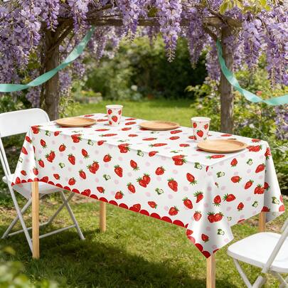 1/3pcs Strawberry Party Tablecloth, Strawberry Theme Birthday Party Decoration Disposable Plastic Tablecloth, Suitable For Summer Fruit Birthday Party Decorations, 137x274cm