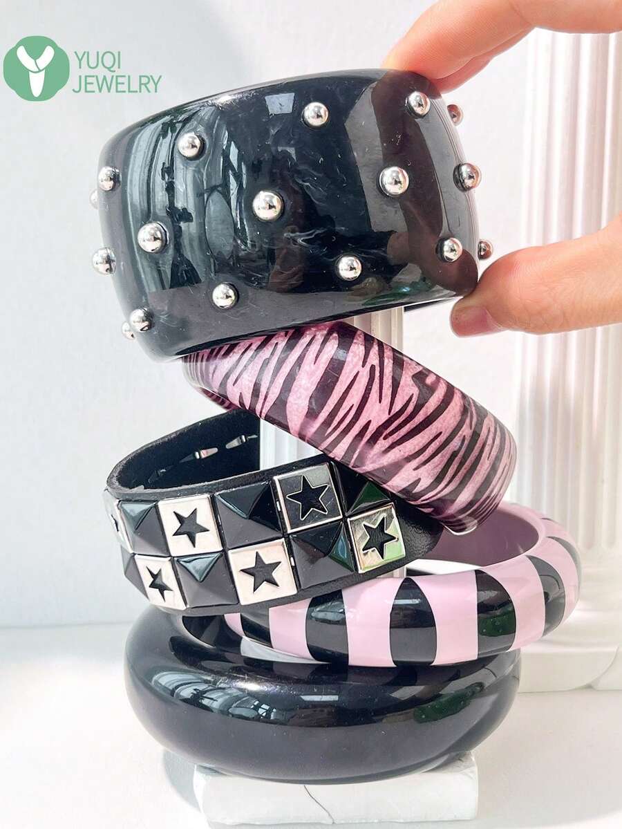 1 chiếc vòng tay nhựa họa tiết sọc ngựa vằn phong cách Punk, thiết kế đa yếu tố với chất liệu gỗ, ngọc trai giả và pha lê, trang sức tròn bất đối xứng, quà tặng thời trang dành cho phụ nữ. - Nhiều màu B - Xem 1