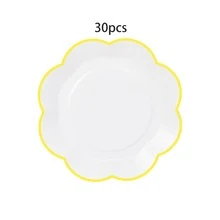 10个/20个/30个装，9英寸和7英寸白色花卉图案纸盘，边缘饰以浅紫色和黄色波浪纹，适用于婚礼、新娘送礼会、生日派对、下午茶、野餐等场合。 - 白底黃邊 - 查看 7
