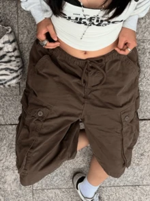 Cargo Shorts For Women Elastic Waist Knee Length  Shorts Summer Outdoor Waterproof Hiking Pants With Pockets - 棕色 - 查看 9