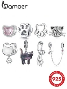 1pc 925 Sterling Silver Cat Paw Pendant, Suitable For Basic Bracelet DIY, For Cat Lovers - Silver - View 1