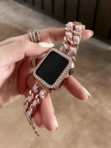 New PU Leather Patchwork Watch Band Compatible With 38mm, 40mm, 41mm, 42mm, 44mm, 45mm, 46mm, 49mm Watches, Handmade Fashionable Strap Replacement For Watch Series SE, 10, 9, 8, 7, 6, 5, 4, 3, 2, 1 - Rose Gold Powder - View 7