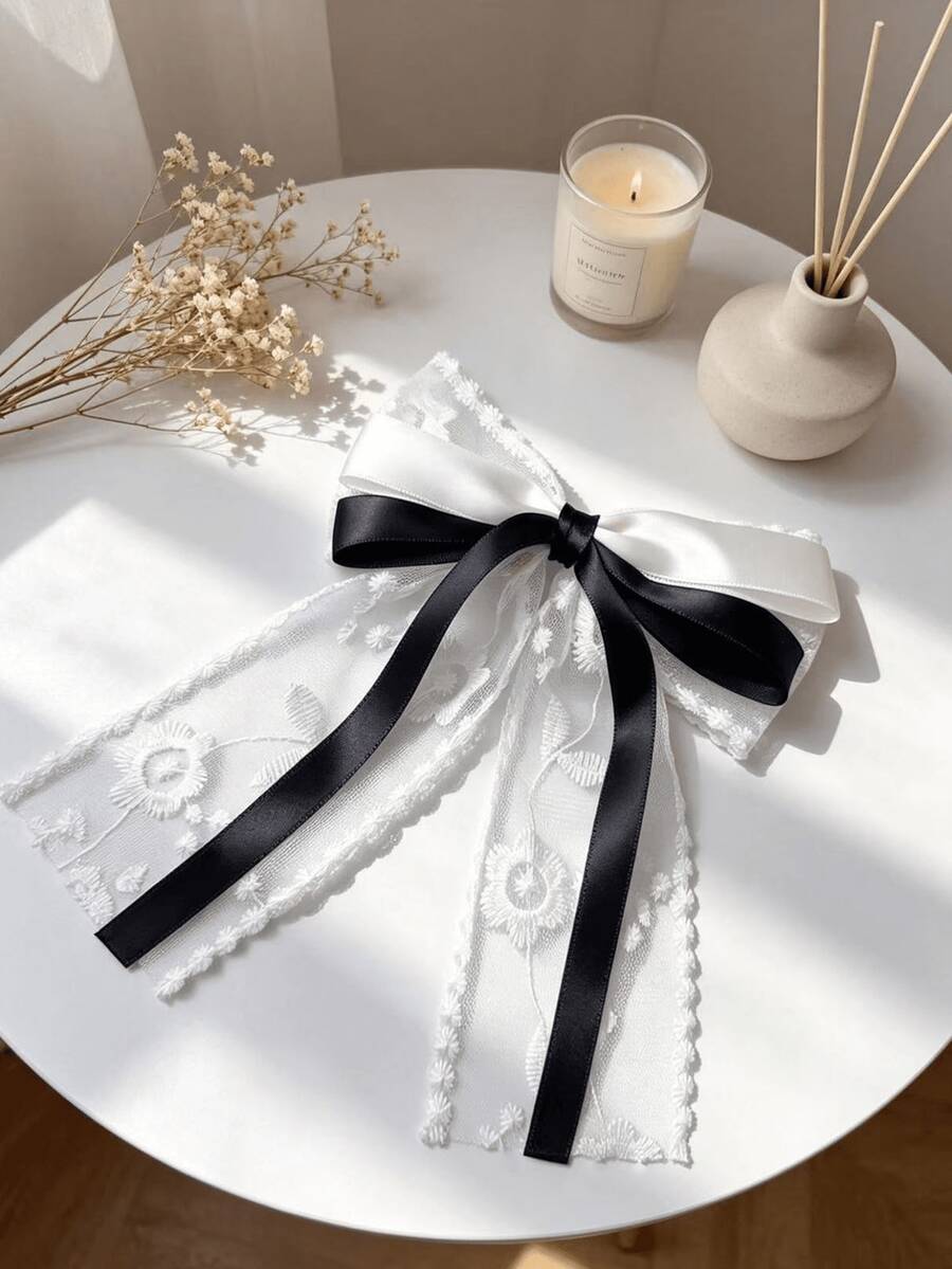 1 chiếc kẹp tóc nơ ren đen trắng, thiết kế thanh lịch, đa năng, dễ thương và sang trọng, mang phong cách tối giản, phù hợp cho sử dụng hàng ngày, ngày Valentine, làm quà tặng, mùa tốt nghiệp. - Đen và trắng - Xem 1