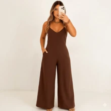 Elegant Women's Jumpsuit With Wide Leg Pants In Duna Fabric, Adjustable Straps, And Loose-Fitting Side Pockets, Sizes P To G2 - 鏽棕色 - 查看 1