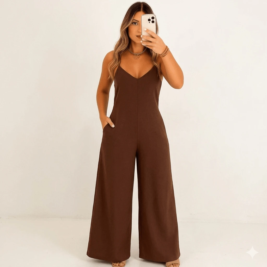 Elegant Women's Jumpsuit With Wide Leg Pants In Duna Fabric, Adjustable Straps, And Loose-Fitting Side Pockets, Sizes P To G2 - 鏽棕色 - 查看 1