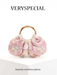 1件彩色PVC亮片拼接网纱花卉刺绣云朵设计褶皱亚麻底手提包，时尚夏季沙滩度假扇形女士托特包（花卉图案随机） - 粉色 - 查看 1