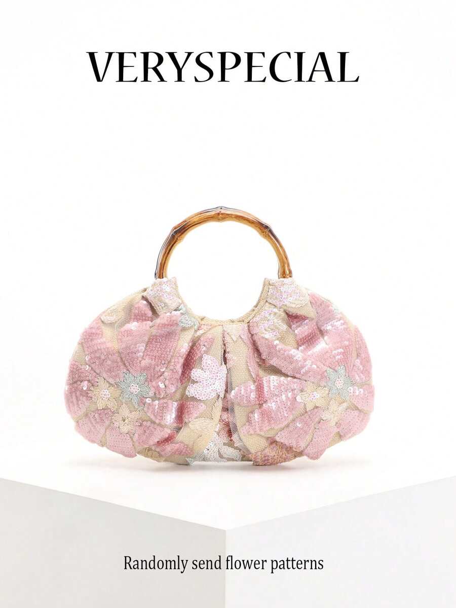 1件彩色PVC亮片拼接网纱花卉刺绣云朵设计褶皱亚麻底手提包，时尚夏季沙滩度假扇形女士托特包（花卉图案随机） - 粉色 - 查看 1