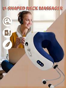 Almohada eléctrica de masaje en forma de U de 1200mAh, relaja los músculos, simula el masaje de cuello y manos, para descanso en el hogar, trabajo de oficina, viajes de larga distancia, regalo para mujeres, hombres y familias - Azul Marino - Ver 5