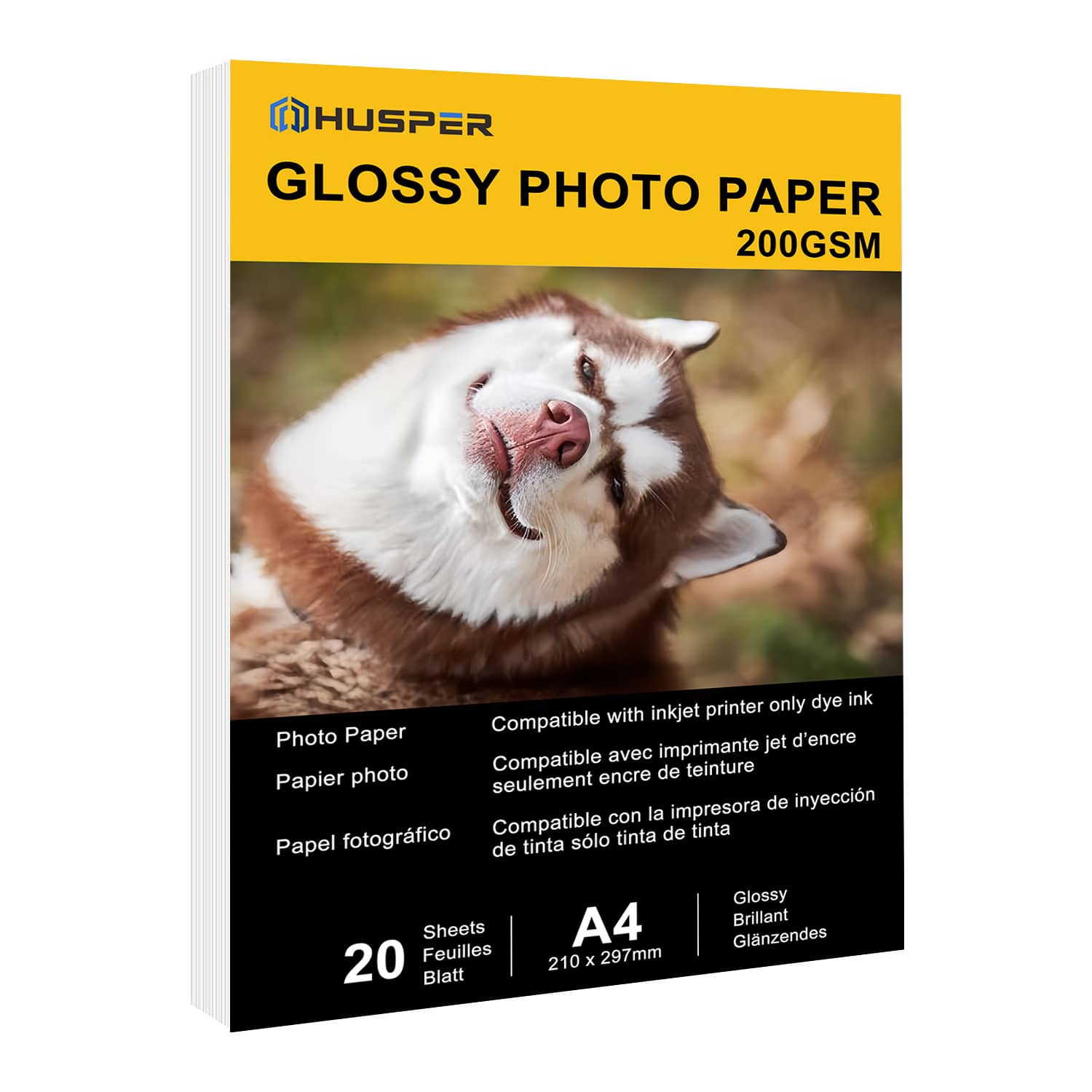 Papel fotográfico brillante HUSPER 8.3 X 11.7 pulgadas (20 hojas) - Papel de inyección de tinta A4 de alto brillo, 200 g/m², impresión de un solo lado, compatible con todas las impresoras de inyección de tinta, calidad premium para fotos y folletos - papel fotográfico - Ver 1