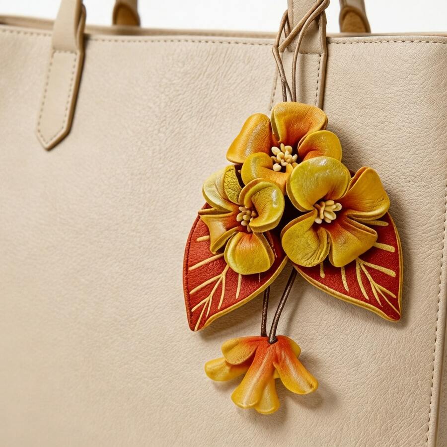Mokcool Genuine Leather Leaf Flower Bag Charm, Bohemian Accessory, Leather Osmanthus Flower Keychain, Handbag Pendant Charm - 黃色 - 查看 1