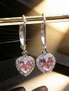 1 Đôi bông tai hình trái tim màu hồng bằng bạc Sterling S925, đính đá Zirconia tổng hợp tinh tế, kiểu dáng tối giản, phù hợp cho phụ nữ đeo hàng ngày. - Bạc - Xem 2