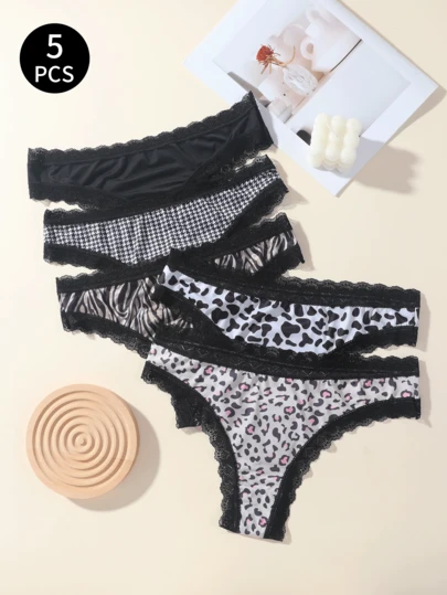 5Pcs Women's Lace Trim Thong Panties, Soft Stretchy Low Waist Mixed Print Sexy Underwear Set