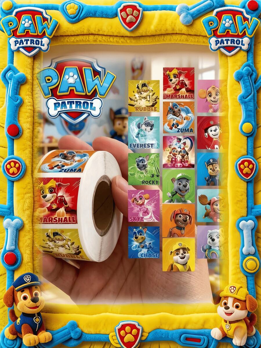 Paw Patrol 300张/卷 汪汪队立大功贴纸，包含毛毛、阿奇、灰灰、路马、天天、珠珠、追踪犬、塔克、艾拉、霸王龙、野猫、自由等角色，可爱卡通DIY装饰贴纸，适用于手机壳、笔记本电脑、笔记本、吉他、杯子、文具等，防水贴纸 - 隨機 - 查看 1