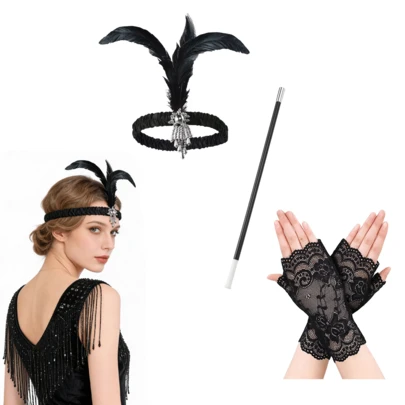 3pcs 1920s Women's Accessories, Roaring 20s Women's Accessories Set Includes 1 Feather Headpiece, 1 Cigarette Holder, And 1 Pair Of Ladies Gloves, Feather Hair Accessory Suitable For Theme Parties, Masquerade Balls, Festivals, And Vintage-Style Weddings (Black)
