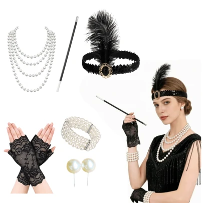 6pcs Set Includes 1 Headpiece + 1 Necklace + 1 Bracelet + 1 Cigarette Holder + 1 Pair Of Gloves + 1 Pair Of Earrings, Suitable For Women's Wedding, Party, Masquerade Ball, Vintage, Elegant, High-End 1920s Accessories, Suitable As Gift For Girlfriend, Mother, Birthday, Holiday