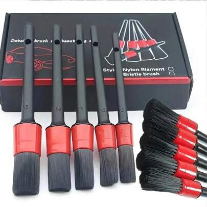 5 ชิ้น ชุดแปรงทำความสะอาดรถยนต์ - สีดำและสีแดง, เหมาะสำหรับแผงหน้าปัด, ช่องระบายอากาศ, ล้อและอื่น ๆ, ด้ามจับพลาสติก, ไม่ต้องใช้พลังงานสำหรับการทำความสะอาดที่มีประสิทธิภาพ, ชุดเครื่องมือทำความสะอาดรถยนต์และรถบรรทุก, อุปกรณ์ตกแต่งรถยนต์
