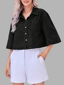 Women's Summer Lightweight Half Sleeve Button Down Crop Denim Shirt With Pocket Short Jean Jacket Casual Going Out Everyday Essential - màu đen - Xem 3