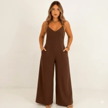Elegant Women's Jumpsuit With Wide Leg Pants In Duna Fabric, Adjustable Straps, And Loose-Fitting Side Pockets, Sizes P To G2 - 鏽棕色 - 查看 3