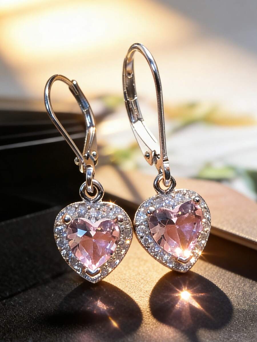 1 Đôi bông tai hình trái tim màu hồng bằng bạc Sterling S925, đính đá Zirconia tổng hợp tinh tế, kiểu dáng tối giản, phù hợp cho phụ nữ đeo hàng ngày. - Bạc - Xem 1