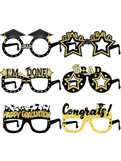 6pcs Black & Gold Star Shaped Party Glasses, Birthday Party Photo Booth Props, Christmas Holiday Decorations, Fun Graduation Party Glasses, Celebration Event Party Favors And Photo Props