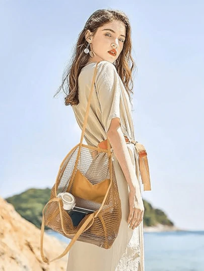 1个网眼沙滩手提袋，户外活动旅行收纳包，化妆品、护肤品、度假收纳包，大容量化妆品收纳盒，可装口红、化妆刷、护肤品、手机、零钱、小物件，居家、送礼、节日、万圣节、圣诞节等多种场合，波西米亚风格化妆包