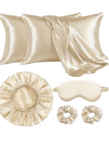 7pcs Set Solid Color Casual Polyester Pillowcase, Shower Cap, Sleeping Mask, Scrunchie, Versatile Gift Set For All Seasons,Summer,Beach,Hat - Multicolor - View 10