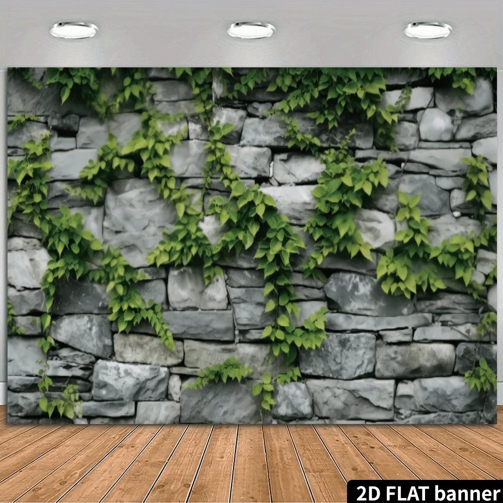 1 tấm banner phẳng 2D trang trí nhà để xe - Thiết kế dây leo xanh mướt trên tường đá, chất liệu polyester, phù hợp cho các bữa tiệc ngày lễ, chụp ảnh và các sự kiện theo chủ đề khu vườn.