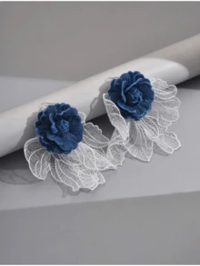 1 Đôi bông tai dài, kiểu dáng phóng đại, làm từ ren 3D và họa tiết hoa bằng vải denim dành cho nữ - Nhiều màu - Xem 2